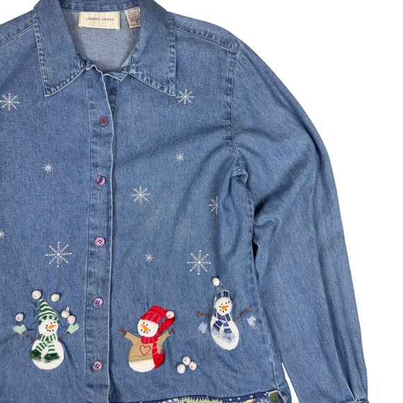 Cottagecore Denim Christmas Snowman Embroidered Shirt Women's S Blue Winter‎ 90s - Picture 3 of 6